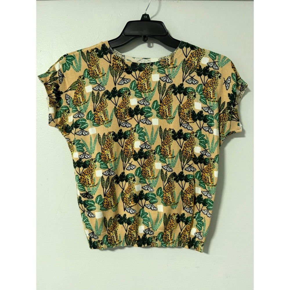 Pepaloves Womens Leopard Jungle‎ Print Short Sleeve Knit Top Tan Green XS